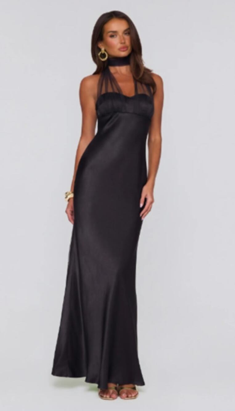 NWT Hello Molly Étoile Club Satin Halter Maxi Dress Black Women's Size L / US 8